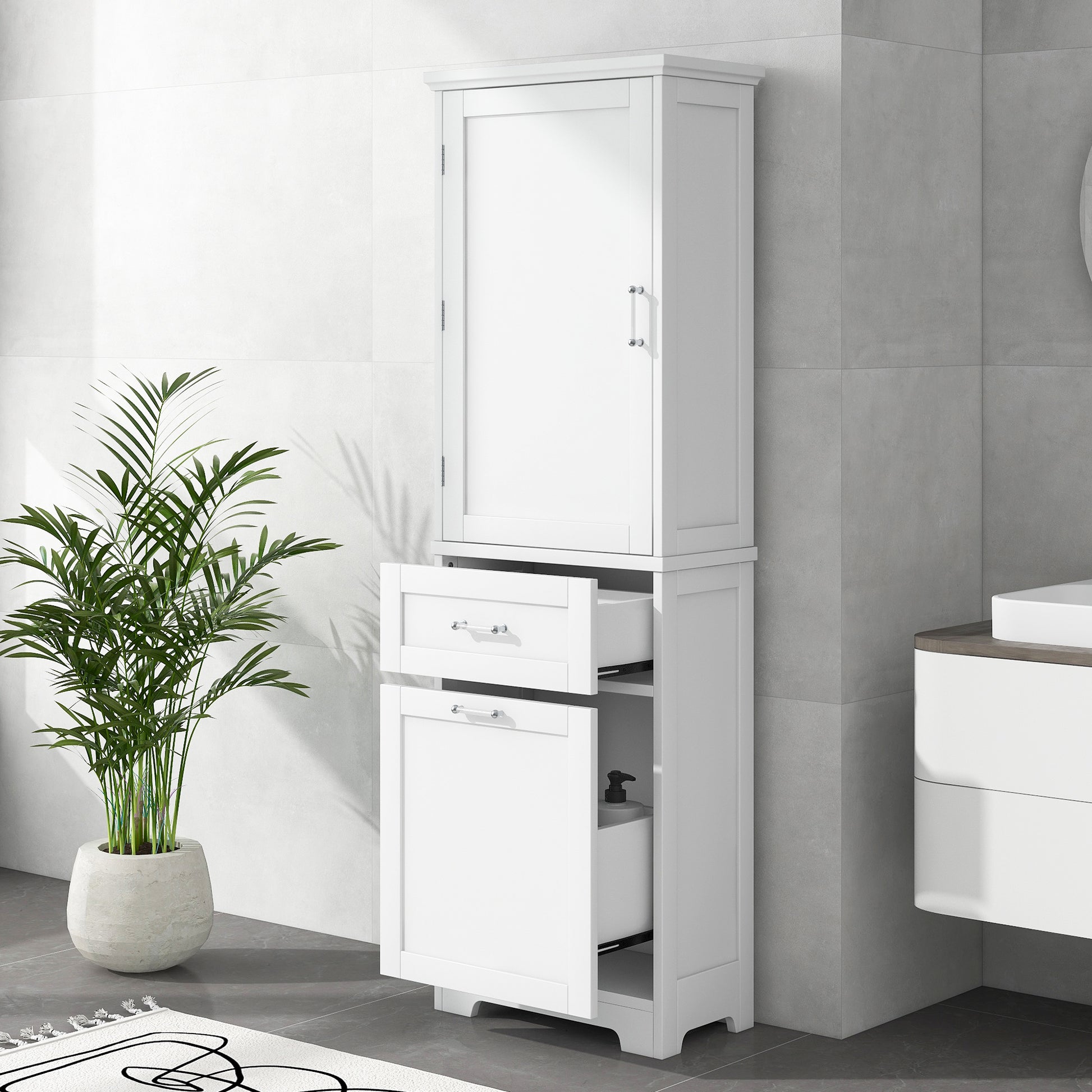 Tall Bathroom Storage Cabinet, Freestanding Storage Cabinet With Two Different Size Drawers And Adjustable Shelf, Mdf Board With Painted Finish, White White Mdf