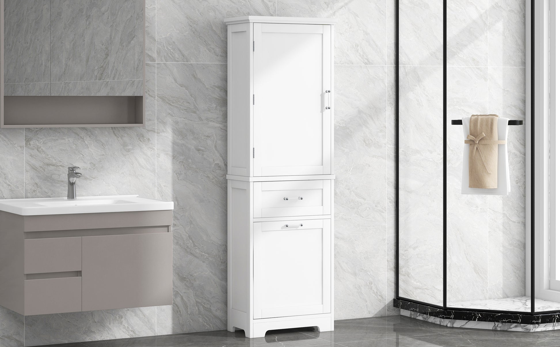 Tall Bathroom Storage Cabinet, Freestanding Storage Cabinet With Two Different Size Drawers And Adjustable Shelf, Mdf Board With Painted Finish, White White Mdf