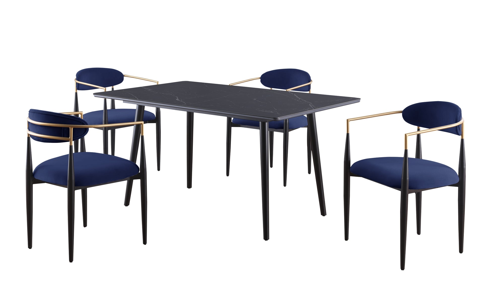 Modern Contemporary 5Pc Dining Set Black Sintered Stone Table And Blue Chairs Fabric Upholstered Stylish Furniture Black Blue Seats 4 Dining Room 60 Inches Contemporary,Modern,Ultra Modern Rectangular Dining Table With Chair Sintered Stone