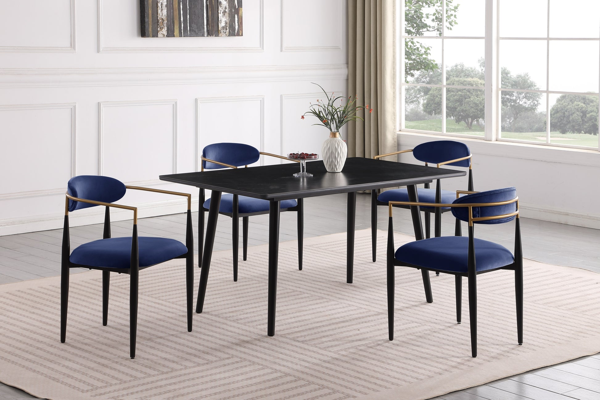 Modern Contemporary 5Pc Dining Set Black Sintered Stone Table And Blue Chairs Fabric Upholstered Stylish Furniture Black Blue Seats 4 Dining Room 60 Inches Contemporary,Modern,Ultra Modern Rectangular Dining Table With Chair Sintered Stone