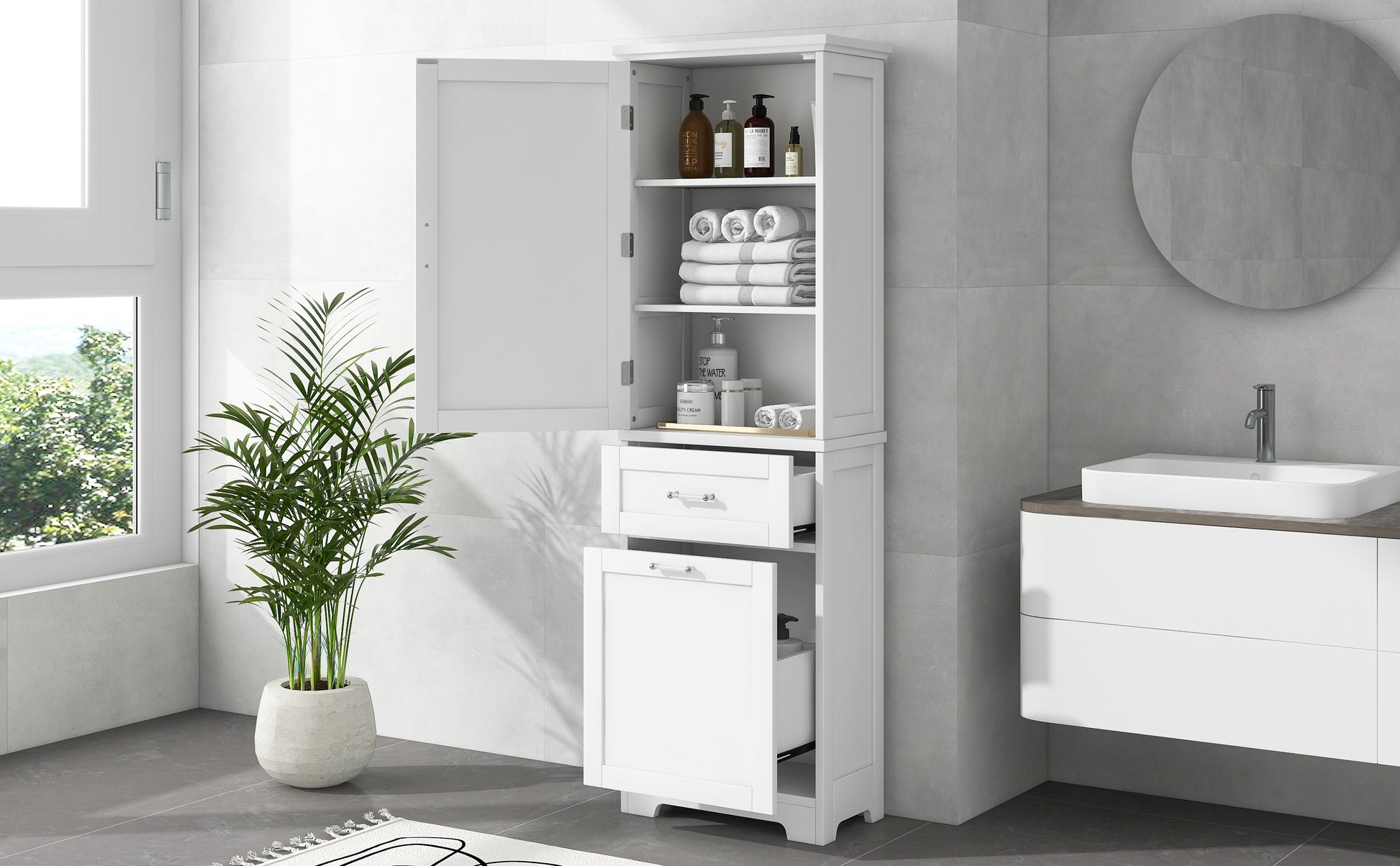 Tall Bathroom Storage Cabinet, Freestanding Storage Cabinet With Two Different Size Drawers And Adjustable Shelf, Mdf Board With Painted Finish, White White Mdf