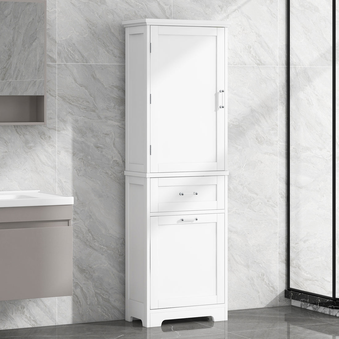 Tall Bathroom Storage Cabinet, Freestanding Storage Cabinet With Two Different Size Drawers And Adjustable Shelf, Mdf Board With Painted Finish, White White Mdf