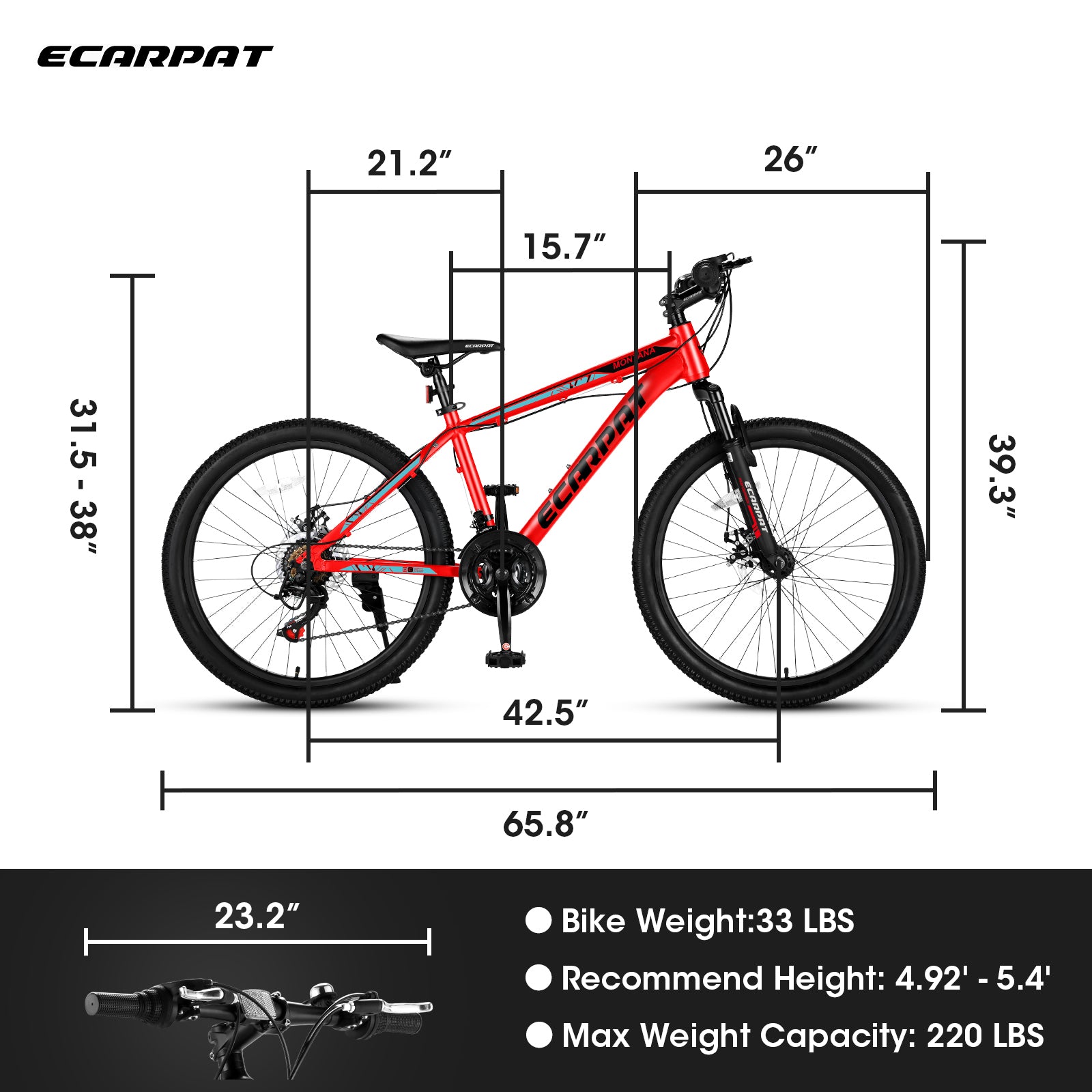 A24299 24 Inch Mountain Bike Bicycle For Adults Aluminium Frame Bike Shimano 21 Speed With Disc Brake Cycling Red Without Anti Slip Garden & Outdoor American Design Multifunctional Aluminium