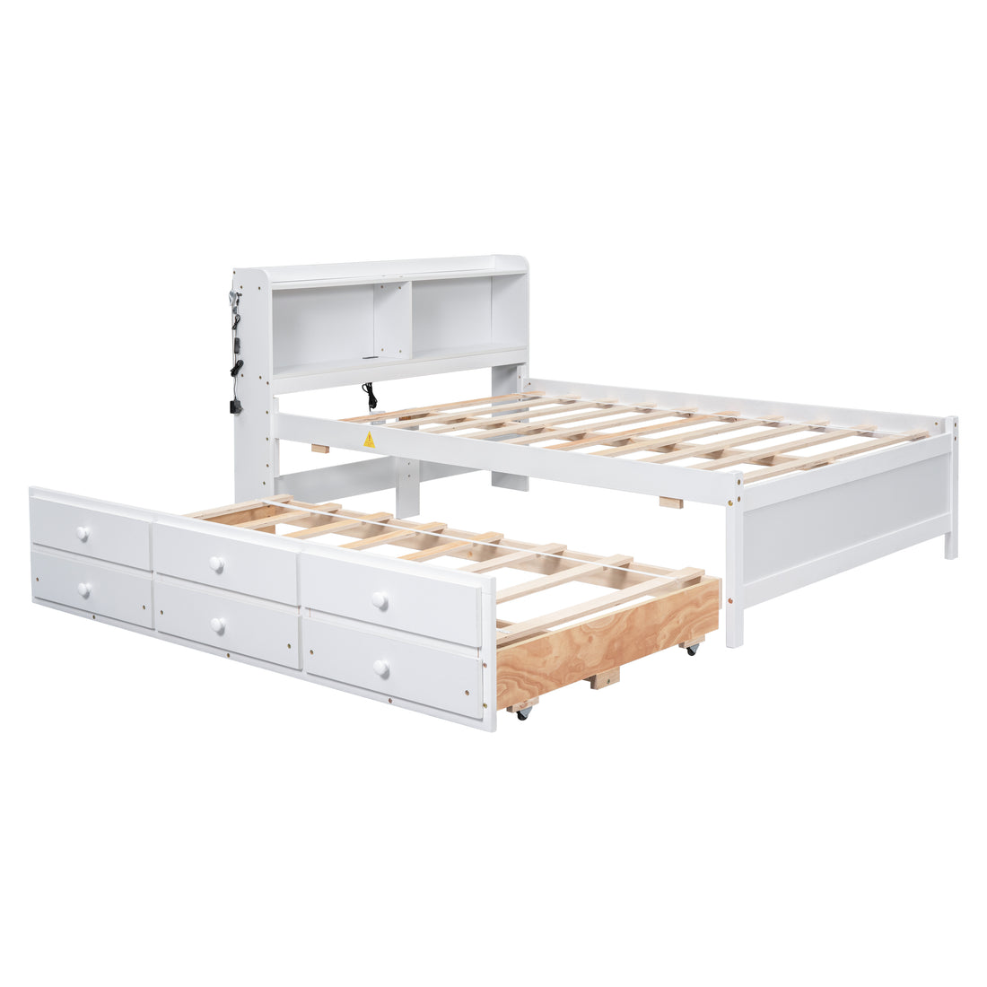 Full Size Bed With Usb & Type C Ports, Led Light, Bookcase Headboard, Trundle And 3 Storage Drawersfull Size Size Bed With Bookcase Headboard, Trundle And Storage Drawers ,White Full White Pine