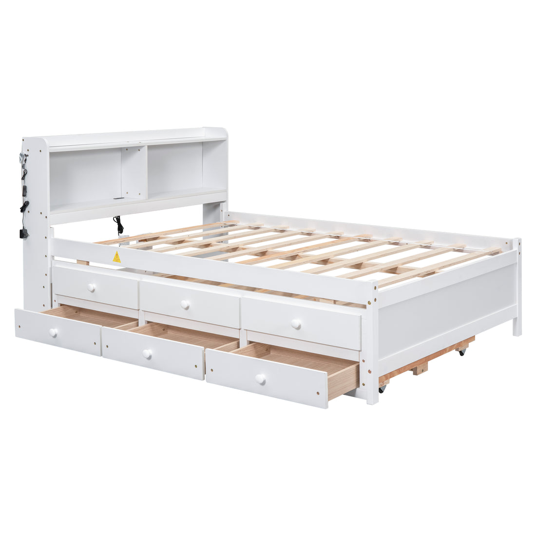 Full Size Bed With Usb & Type C Ports, Led Light, Bookcase Headboard, Trundle And 3 Storage Drawersfull Size Size Bed With Bookcase Headboard, Trundle And Storage Drawers ,White Full White Pine