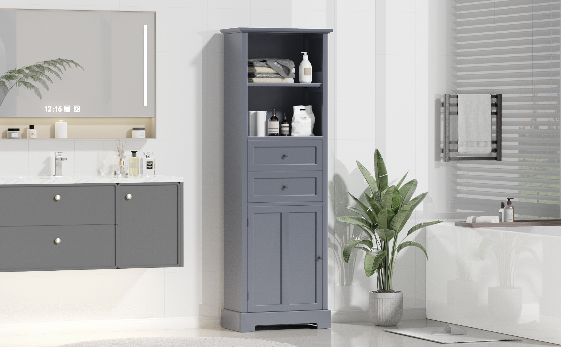 Bathroom Storage Cabinet, Tall Storage Cabinet With Two Drawers, Open Storage, Adjustable Shelf, Grey Grey Mdf