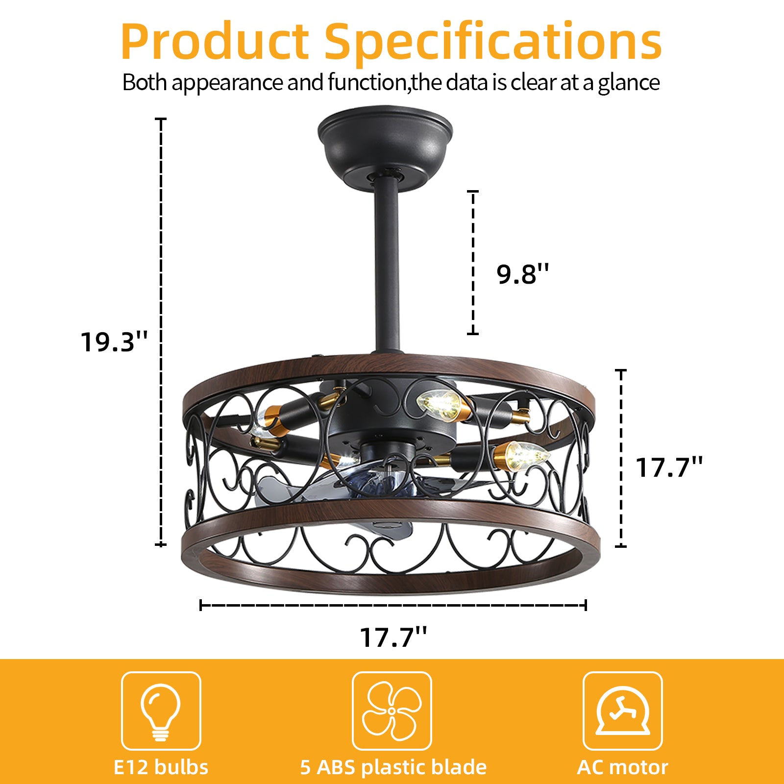 18Inch Caged Ceiling Fan With Lights Remote Control For App Note:No On Bulbs Brown Retro Iron