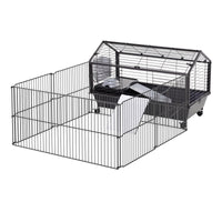 Small Animal Playpen Cage W Rolling Caster, Water Bottle, 35" L Black Steel