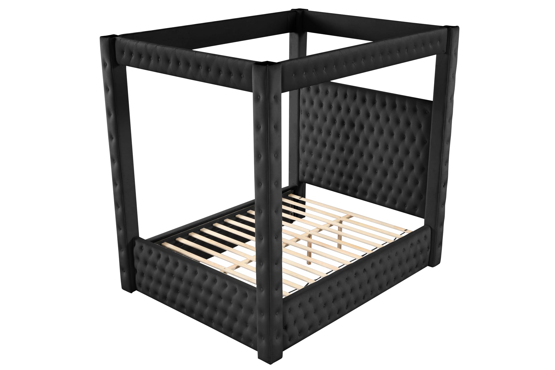 Monica Luxurious Four Poster Queen 5 Pc Bedroom Set Made With Wood In Black Box Spring Not Required Queen Black Wood 5 Piece Set Bedroom Modern Upholstered Velvet Tufted Wood
