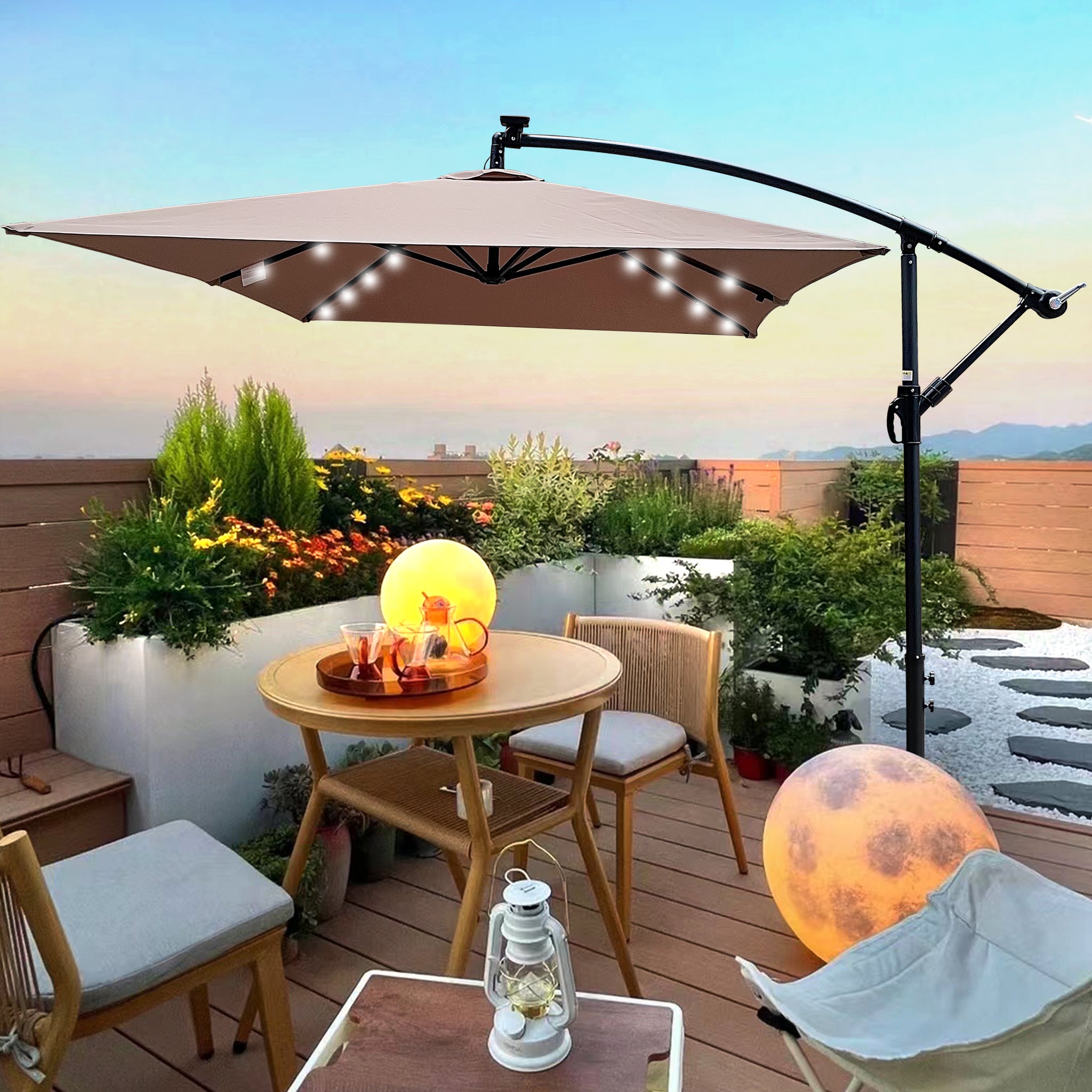 Rectangle 2X3M Outdoor Patio Umbrella Solar Powered Led Lighted Sun Shade Market Waterproof 6 Ribs Umbrella With Crank And Cross Base For Garden Deck Backyard Pool Shade Outside Deck Swimming Pool