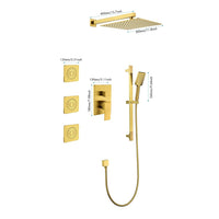 Shower System With Shower Head, Hand Shower, Slide Bar, Bodysprays, Shower Arm, Hose, Valve Trim, And Lever Handles Brushed Gold Wall Mounted Bathroom Brass