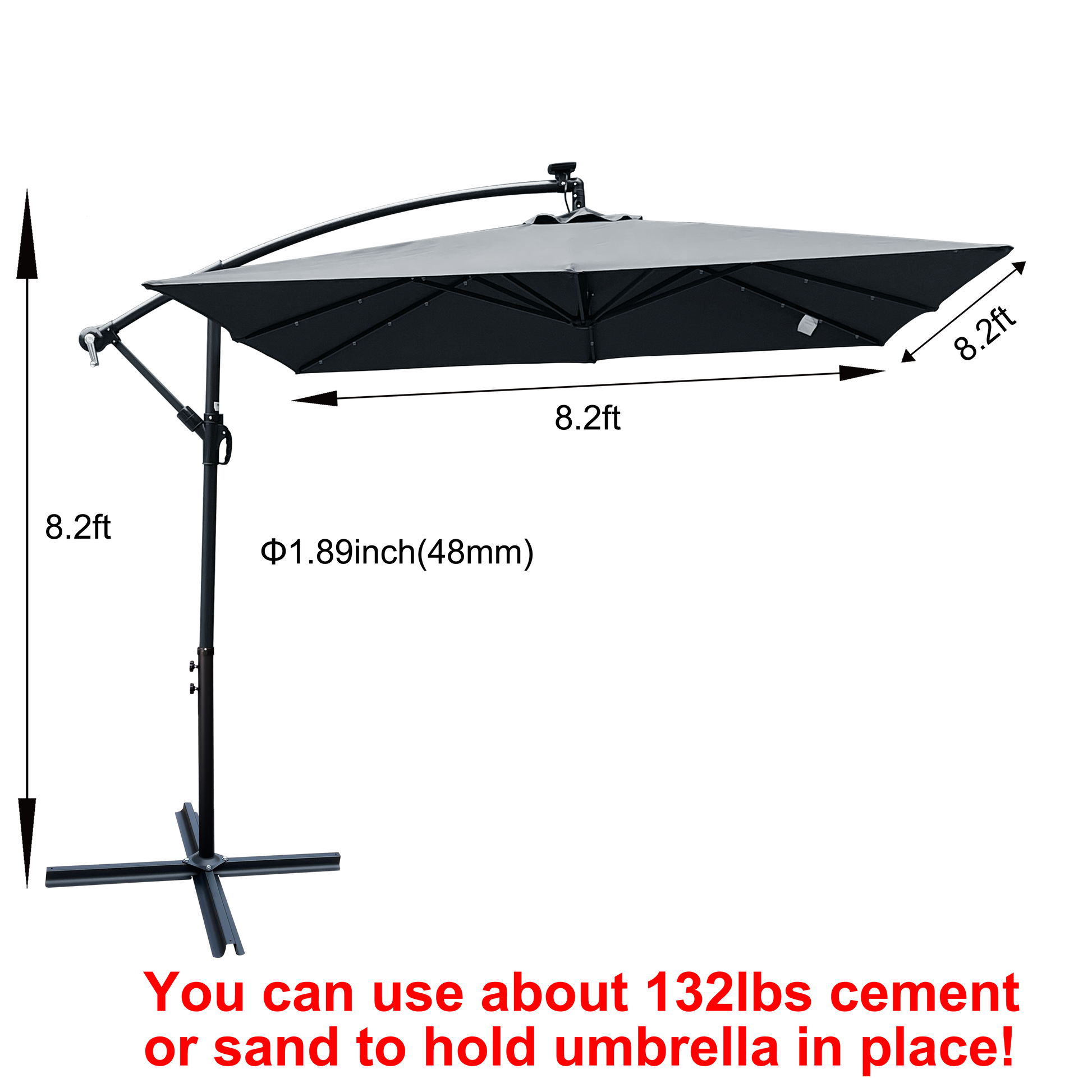 Square 2.5X2.5M Outdoor Patio Umbrella Solar Powered Led Lighted Sun Shade Market Waterproof 8 Ribs Umbrella With Crank And Cross Base For Garden Deck Backyard Pool Shade Outside Deck Swimming Pool