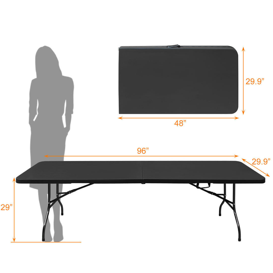 8Ft Folding Table, Portable Plastic Table For Camping, Picnics, Parties, High Load Bearing Foldable Table Black Black Iron Plastic