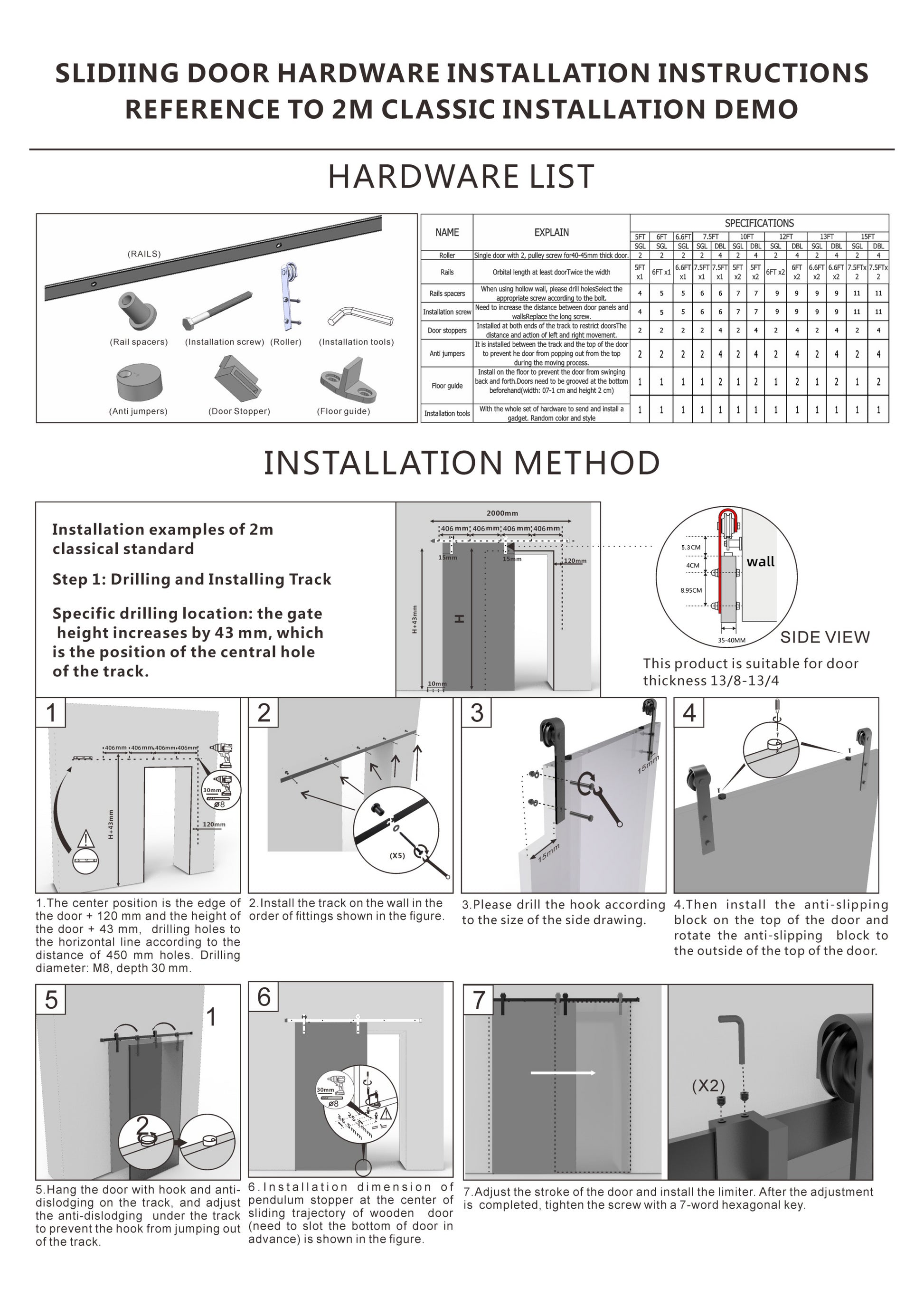 6.6Ft Heavy Duty Sturdy Sliding Barn Door Hardware Adjustable Floor Guide Wall Mount Roller Pull Handle, J Shape Hangers, Smoothly And Quietly, Easy To Install, Fit 24" 36" Width Door. Black Metal