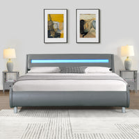 Faux Leather Upholstered Platform Bed Frame With Led Lightingcurve Design, Wood Slat Support, No Box Spring Needed, Easy Assemble, Queen Size, Gray Gray Mdf