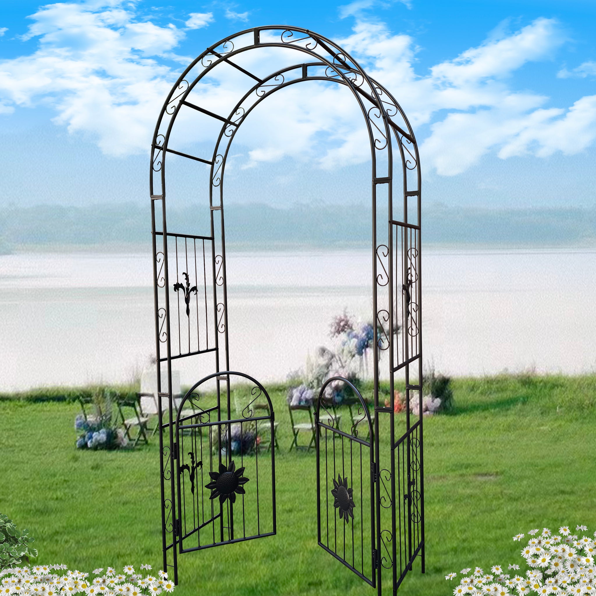 Metal Garden Arch With Doors Garden Arbor Trellis Climbing Plants Support Arch Outdoor Arch Wedding Arch Party Events Archway Black Black Iron