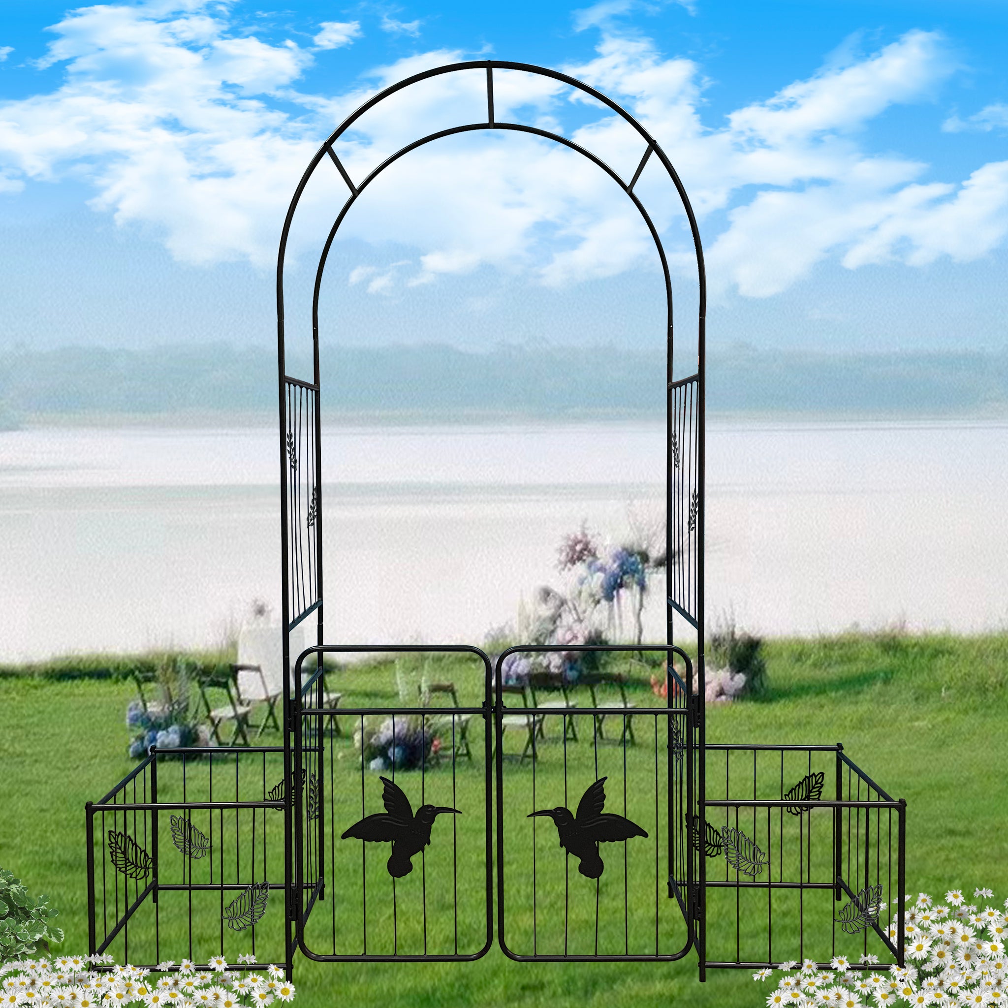 Metal Garden Arch With Doors Garden Arbor Trellis Climbing Plants Support Arch Outdoor Arch Wedding Arch Party Events Archway Black Black Iron