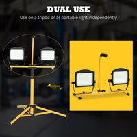 10,000 Lumen Dual Head Led Work Lights With Stand, Weather Resistant Daylight With Telescoping Adjustable Tripod Stand, Rotating Lamps Yellow Steel