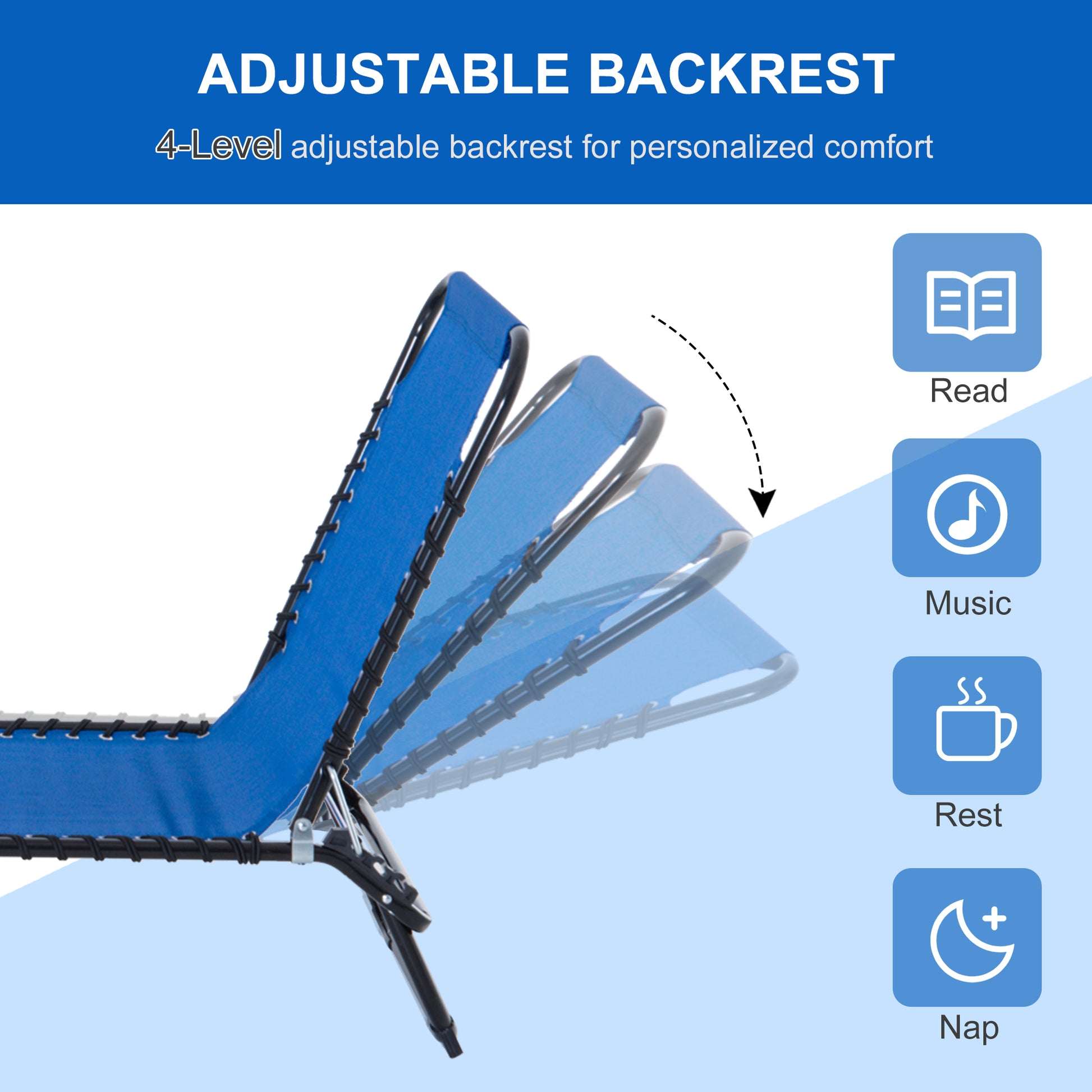 Folding Chaise Lounge Pool Chair, Patio Sun Tanning Chair, Outdoor Lounge Chair With 4 Position Reclining Back,Mesh Seat For Beach, Yard, Patio, Dark Blue Blue Steel