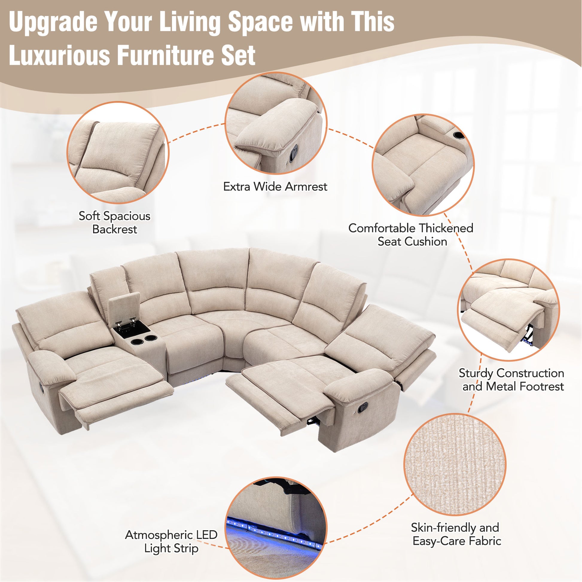 94.8" Modern Manual Reclining Living Room Furniture Set With Usb Ports, Hidden Storage, Led Light Strip And 2 Cup Holders, Cream Cream Foam Velvet