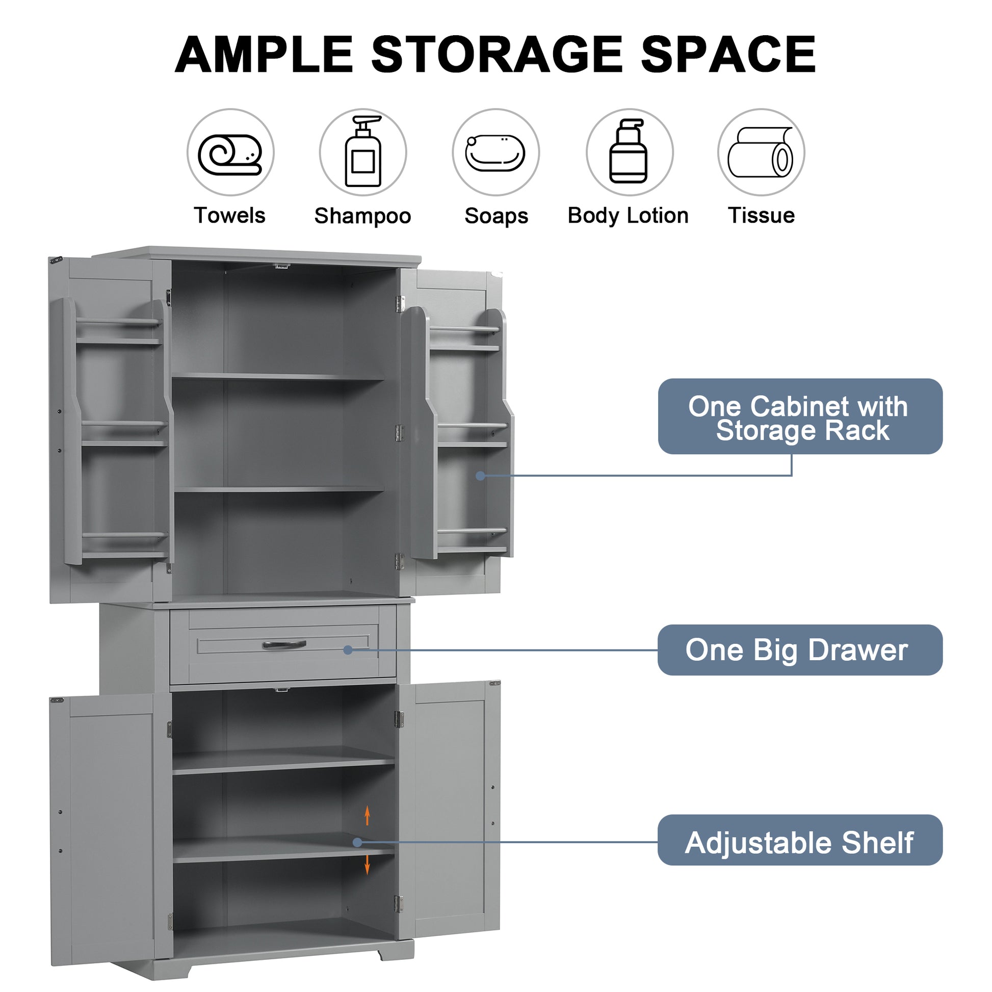 Bathroom Storage Cabinet With Doors And Drawer, Multiple Storage Space, Adjustable Shelf, Grey Grey Mdf