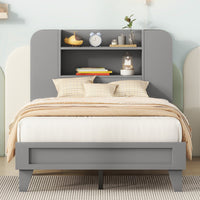 Twin Size Platform Bed With Storage Headboard,Multiple Storage Shelves On Both Sides,Grey Grey Wood