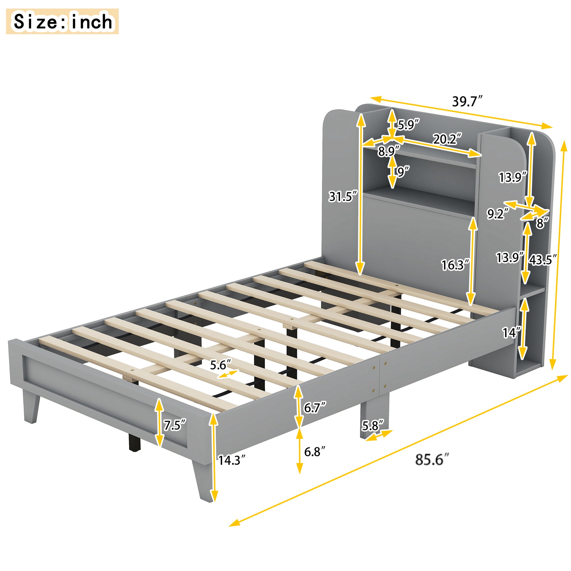 Twin Size Platform Bed With Storage Headboard,Multiple Storage Shelves On Both Sides,Grey Grey Wood