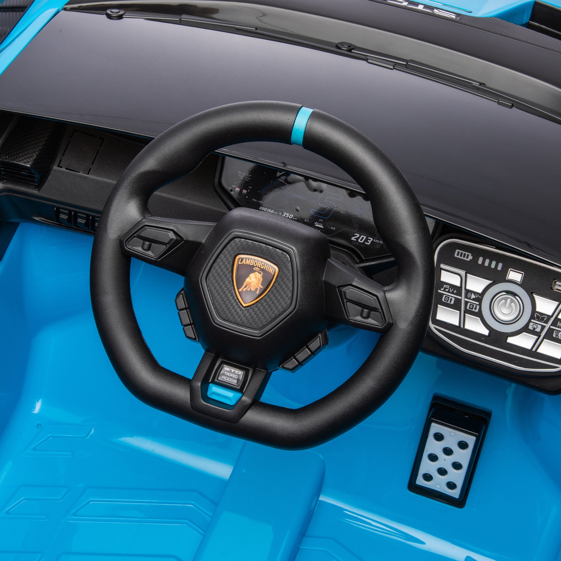 Lamborghini Huracan Sto 24V Kids Electric Ride On Drift Car: Speeds 1.86 5.59 Mph, Ages 3 8, Foam Front Wheels, 360 Spin, Led Lights, Dynamic Music, Early Learning, Usb Port, Drift Feature Blue Polypropylene