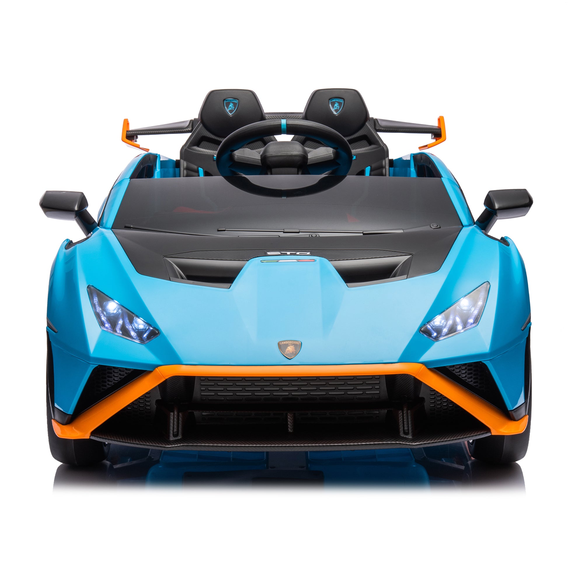 Lamborghini Huracan Sto 24V Kids Electric Ride On Drift Car: Speeds 1.86 5.59 Mph, Ages 3 8, Foam Front Wheels, 360 Spin, Led Lights, Dynamic Music, Early Learning, Usb Port, Drift Feature Blue Polypropylene