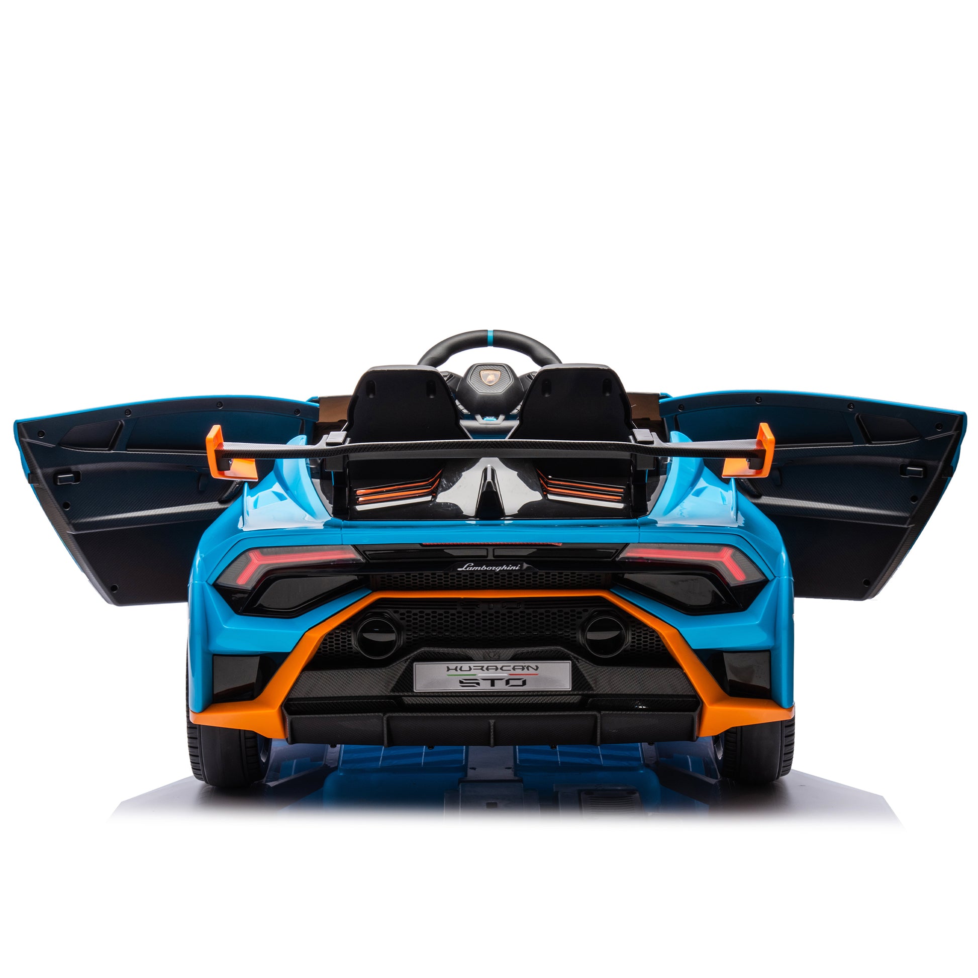 Lamborghini Huracan Sto 24V Kids Electric Ride On Drift Car: Speeds 1.86 5.59 Mph, Ages 3 8, Foam Front Wheels, 360 Spin, Led Lights, Dynamic Music, Early Learning, Usb Port, Drift Feature Blue Polypropylene
