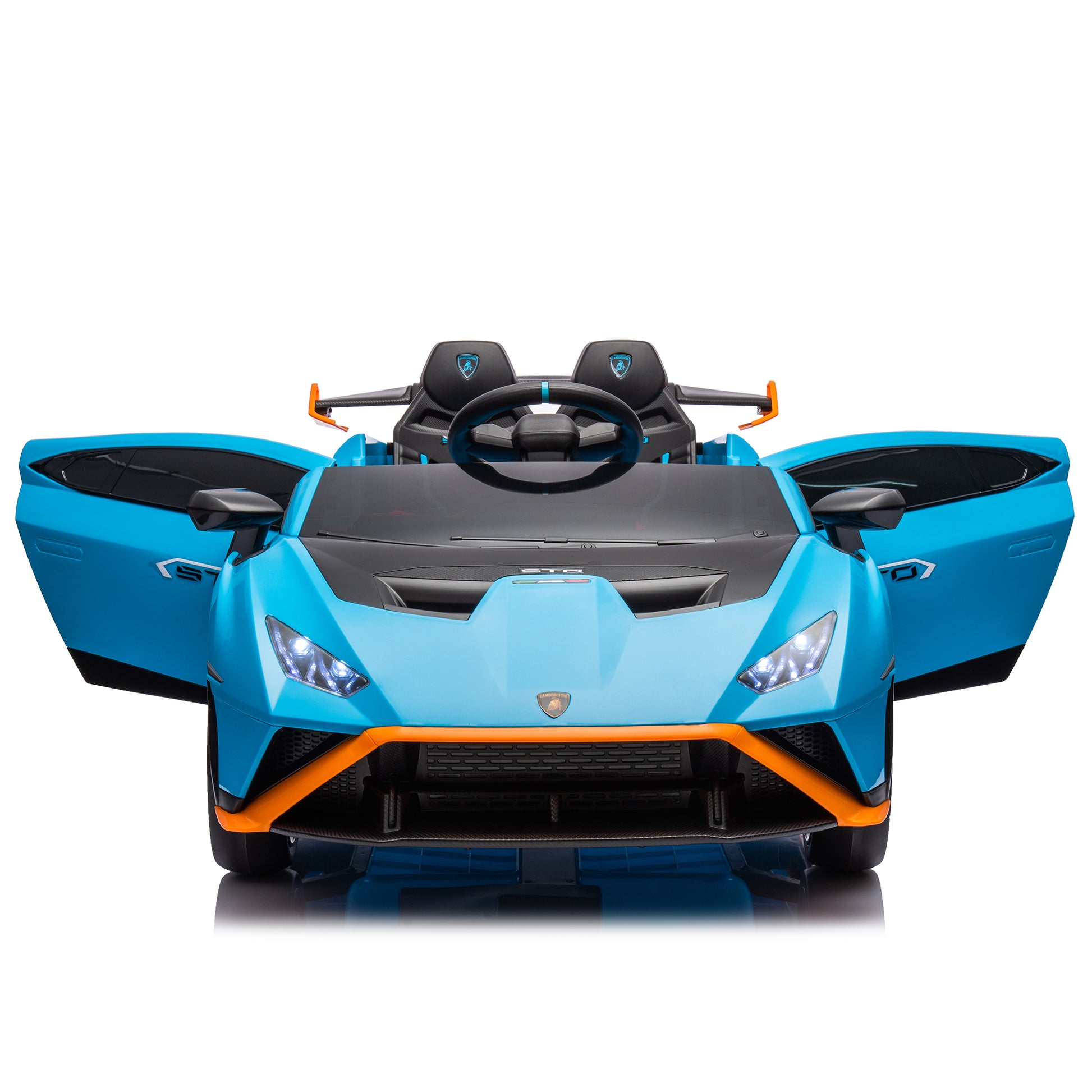 Lamborghini Huracan Sto 24V Kids Electric Ride On Drift Car: Speeds 1.86 5.59 Mph, Ages 3 8, Foam Front Wheels, 360 Spin, Led Lights, Dynamic Music, Early Learning, Usb Port, Drift Feature Blue Polypropylene