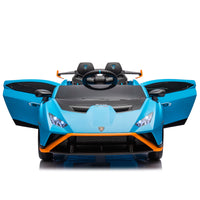 Lamborghini Huracan Sto 24V Kids Electric Ride On Drift Car: Speeds 1.86 5.59 Mph, Ages 3 8, Foam Front Wheels, 360 Spin, Led Lights, Dynamic Music, Early Learning, Usb Port, Drift Feature Blue Polypropylene