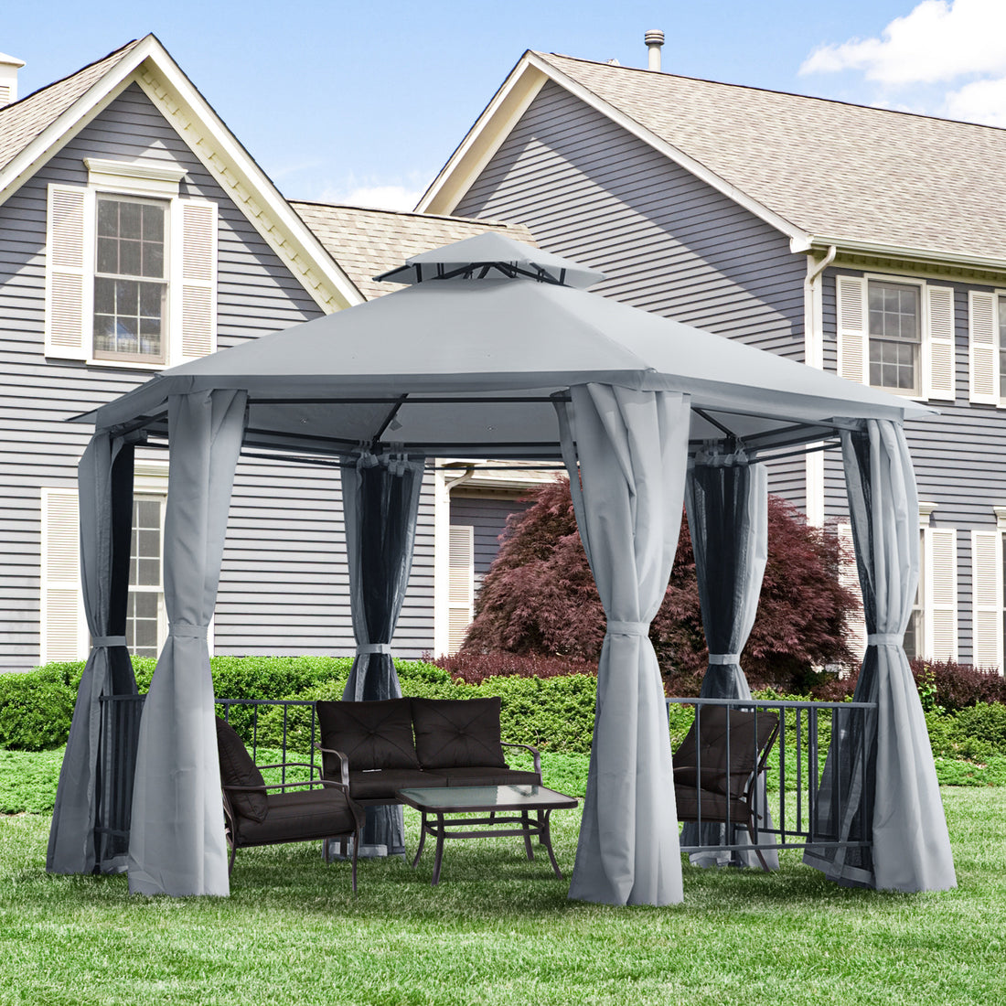 13' X 13' Patio Gazebo, Double Roof Hexagon Outdoor Gazebo Canopy Shelterwith Netting & Curtains, Solid Steel Frame For Garden, Lawn, Backyard And Deck, Grey Gray Steel