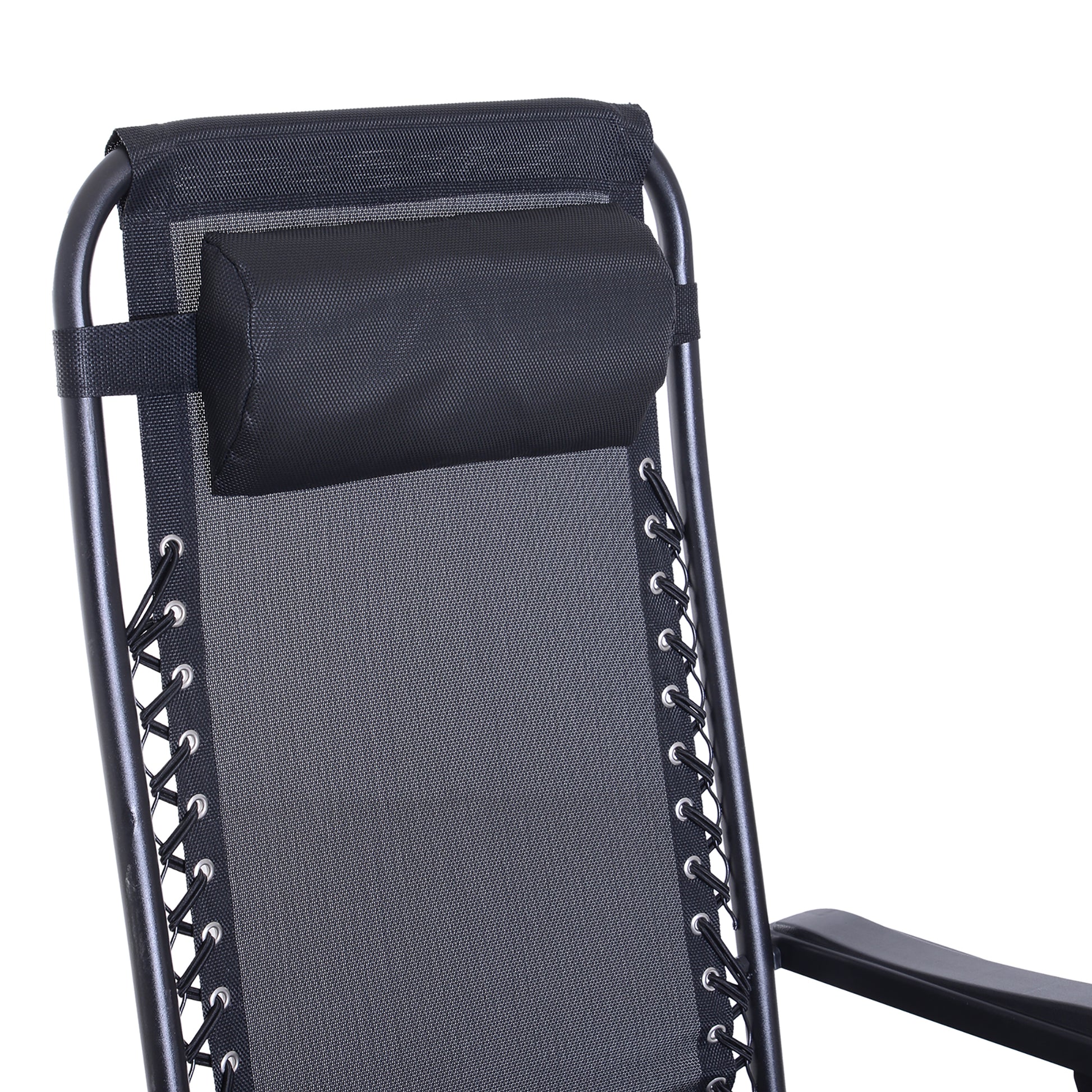 Outdoor Rocking Chairs, Foldable Reclining Anti Gravity Lounge Rocker W Pillow, Cup & Phone Holder, Combo Design W Folding Legs, Black Black Steel