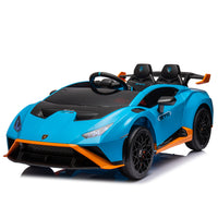 Lamborghini Huracan Sto 24V Kids Electric Ride On Drift Car: Speeds 1.86 5.59 Mph, Ages 3 8, Foam Front Wheels, 360 Spin, Led Lights, Dynamic Music, Early Learning, Usb Port, Drift Feature Blue Polypropylene