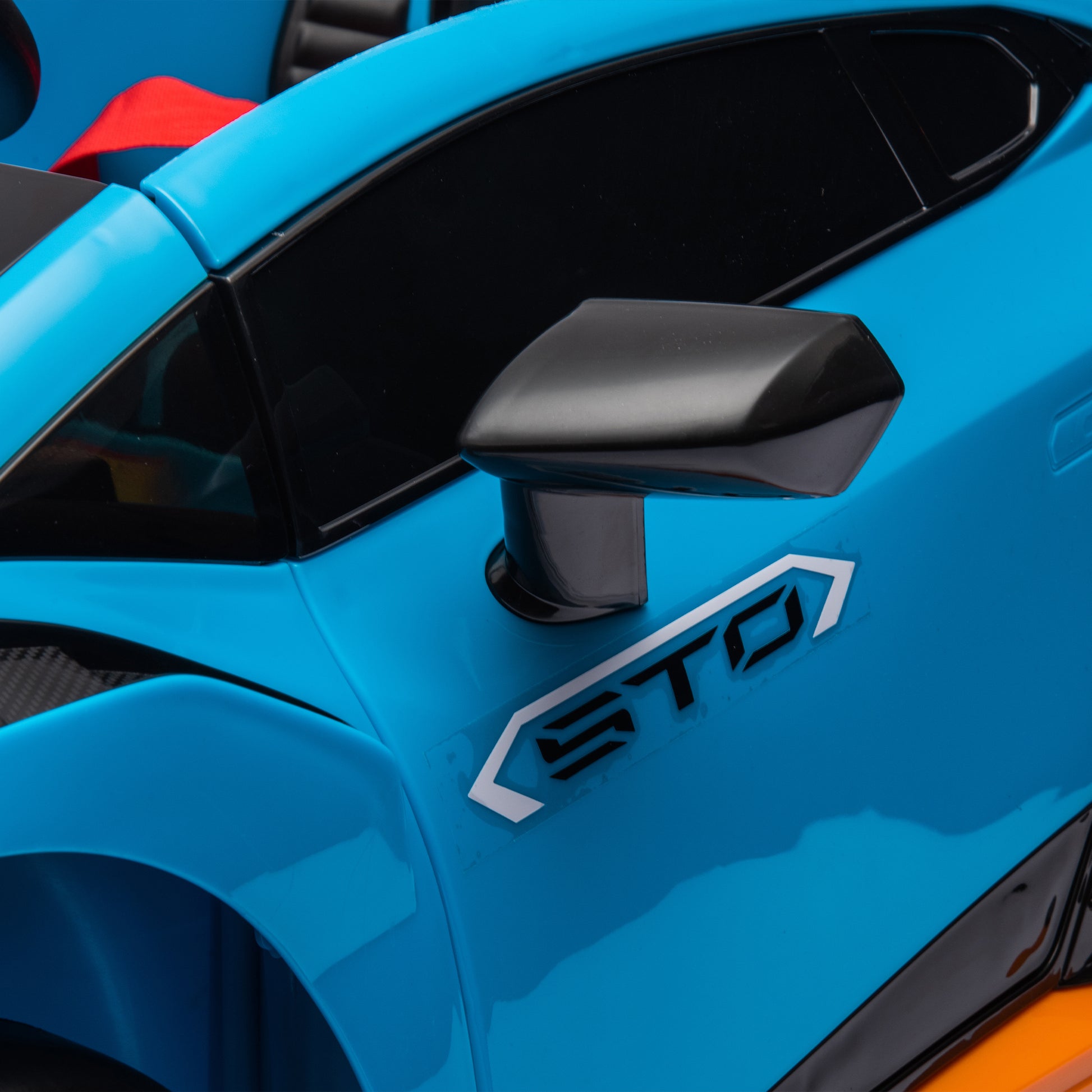 Lamborghini Huracan Sto 24V Kids Electric Ride On Drift Car: Speeds 1.86 5.59 Mph, Ages 3 8, Foam Front Wheels, 360 Spin, Led Lights, Dynamic Music, Early Learning, Usb Port, Drift Feature Blue Polypropylene
