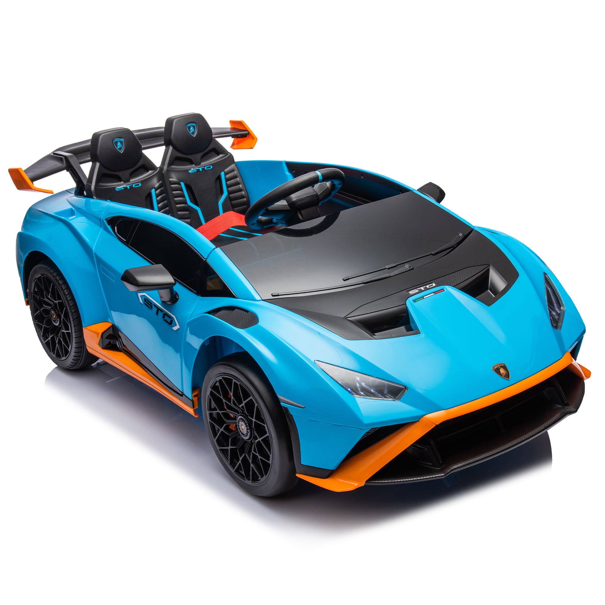 Lamborghini Huracan Sto 24V Kids Electric Ride On Drift Car: Speeds 1.86 5.59 Mph, Ages 3 8, Foam Front Wheels, 360 Spin, Led Lights, Dynamic Music, Early Learning, Usb Port, Drift Feature Blue Polypropylene