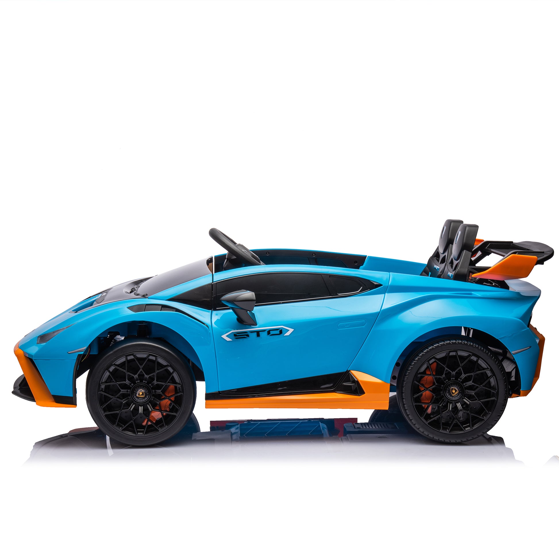 Lamborghini Huracan Sto 24V Kids Electric Ride On Drift Car: Speeds 1.86 5.59 Mph, Ages 3 8, Foam Front Wheels, 360 Spin, Led Lights, Dynamic Music, Early Learning, Usb Port, Drift Feature Blue Polypropylene