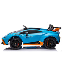 Lamborghini Huracan Sto 24V Kids Electric Ride On Drift Car: Speeds 1.86 5.59 Mph, Ages 3 8, Foam Front Wheels, 360 Spin, Led Lights, Dynamic Music, Early Learning, Usb Port, Drift Feature Blue Polypropylene