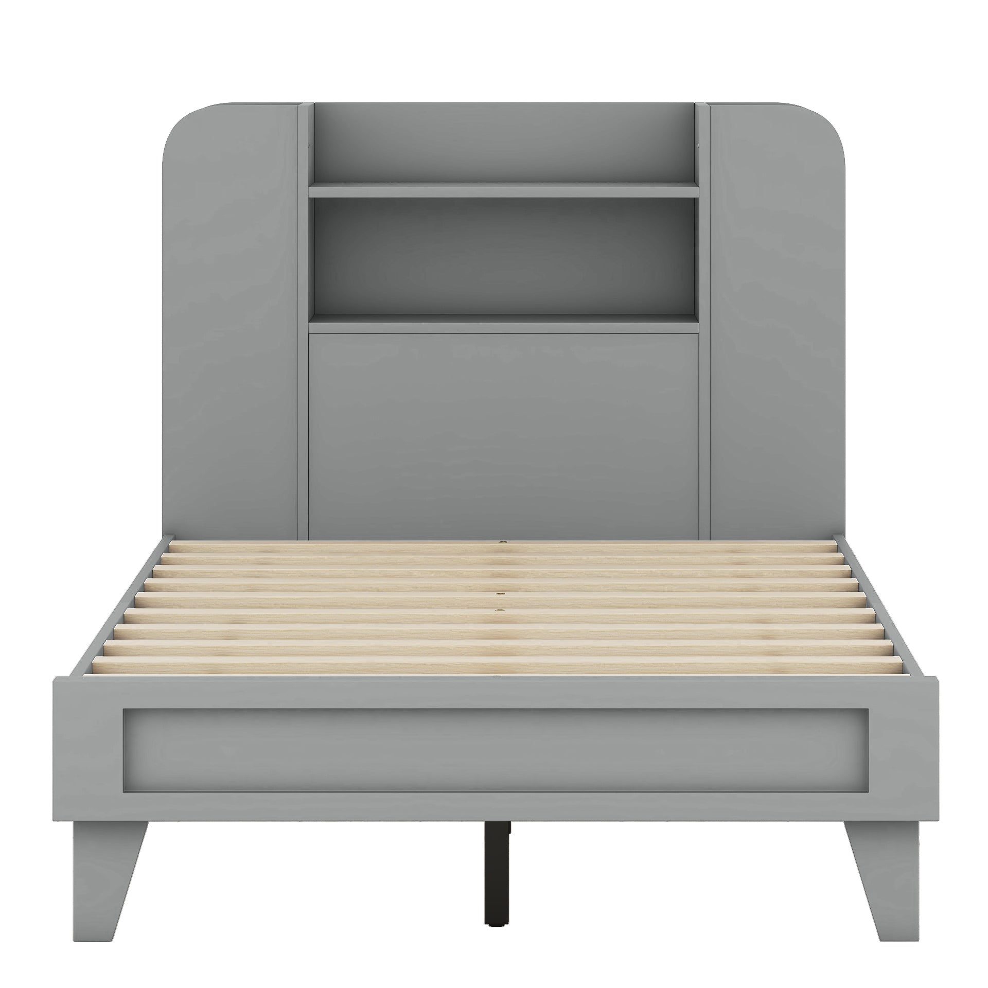 Twin Size Platform Bed With Storage Headboard,Multiple Storage Shelves On Both Sides,Grey Grey Wood