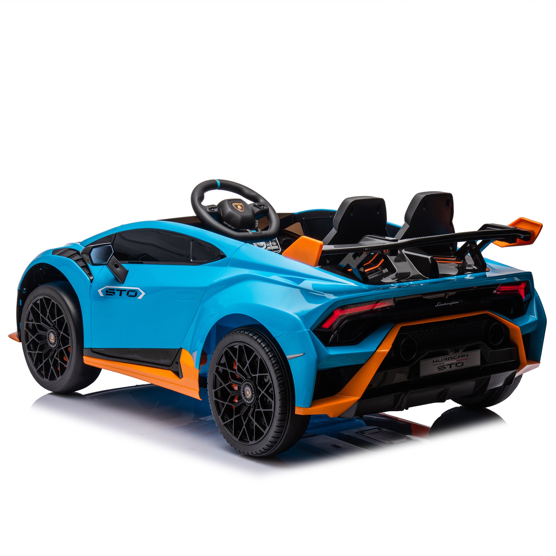 Lamborghini Huracan Sto 24V Kids Electric Ride On Drift Car: Speeds 1.86 5.59 Mph, Ages 3 8, Foam Front Wheels, 360 Spin, Led Lights, Dynamic Music, Early Learning, Usb Port, Drift Feature Blue Polypropylene