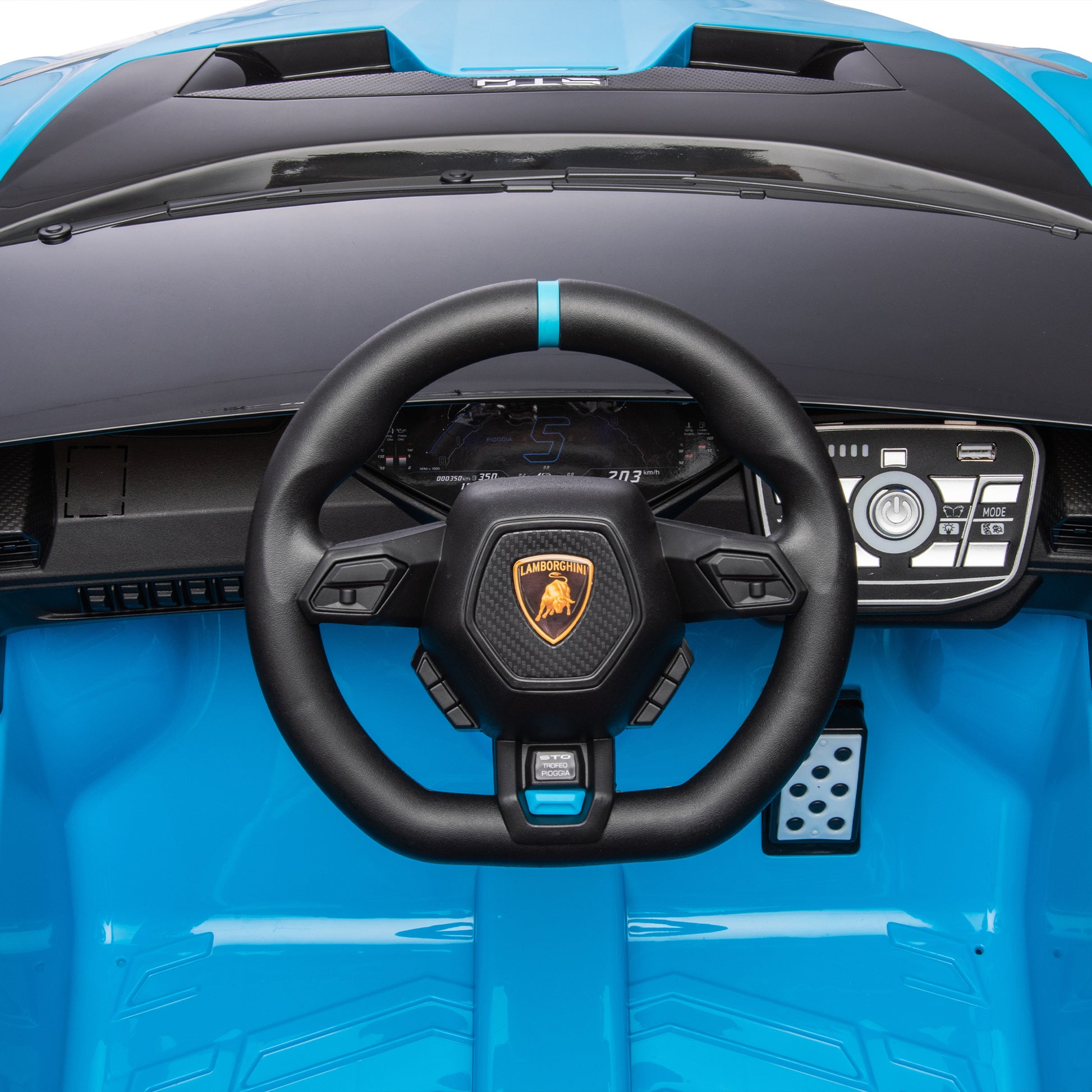 Lamborghini Huracan Sto 24V Kids Electric Ride On Drift Car: Speeds 1.86 5.59 Mph, Ages 3 8, Foam Front Wheels, 360 Spin, Led Lights, Dynamic Music, Early Learning, Usb Port, Drift Feature Blue Polypropylene
