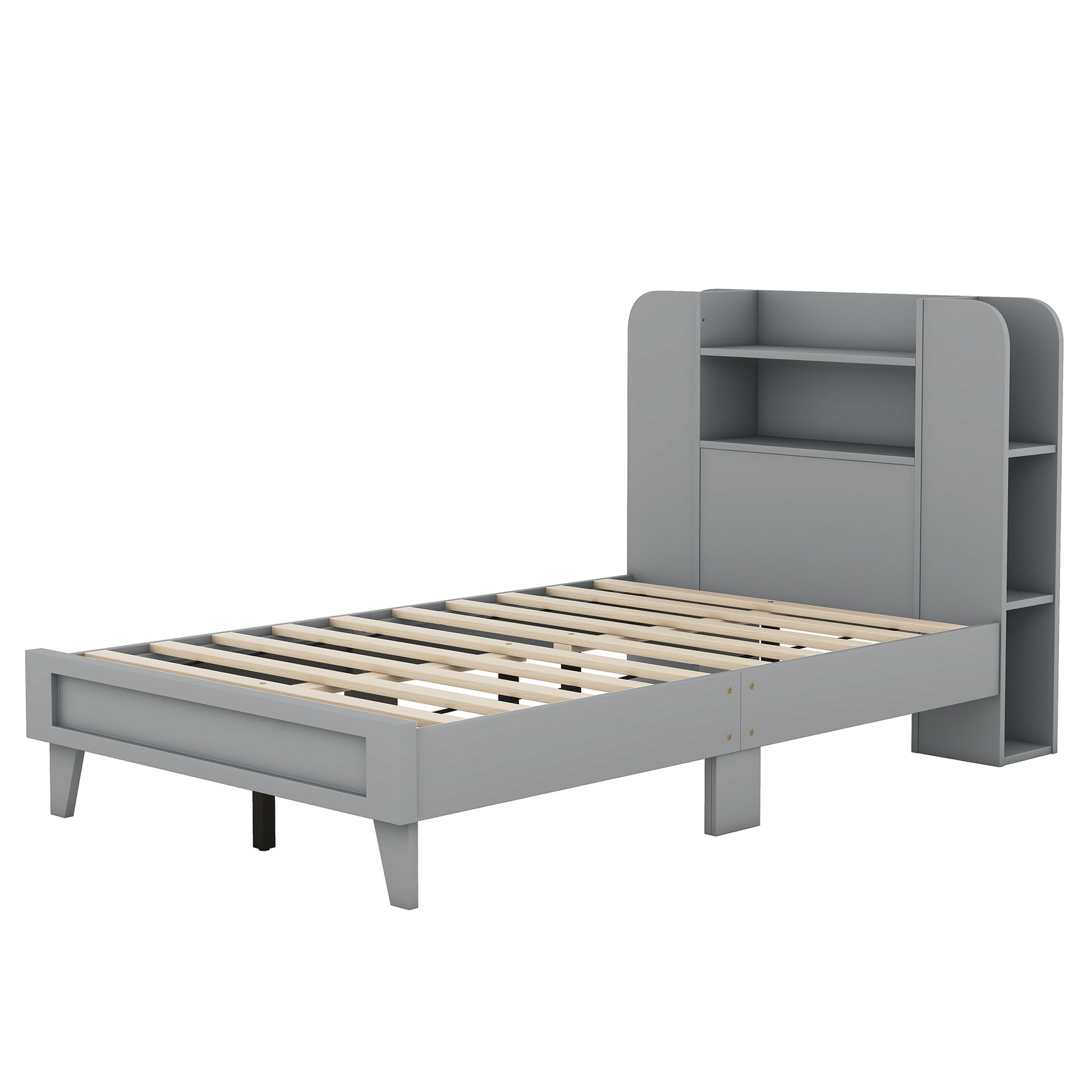 Twin Size Platform Bed With Storage Headboard,Multiple Storage Shelves On Both Sides,Grey Grey Wood