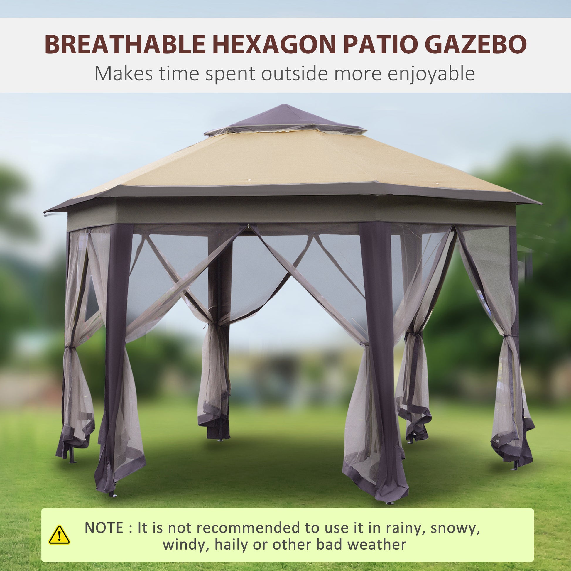 13' X 13' Pop Up Gazebo, Hexagonal Canopy Shelter With 6 Zippered Mesh Netting, Event Tent With Strong Steel Frame For Patio Backyard Garden Wedding Party Beige Steel