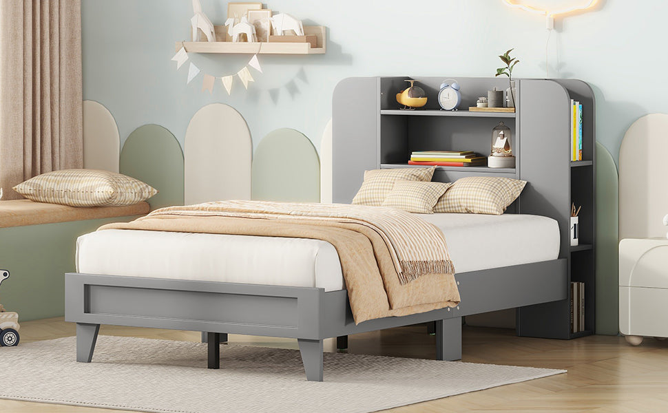 Twin Size Platform Bed With Storage Headboard,Multiple Storage Shelves On Both Sides,Grey Grey Wood