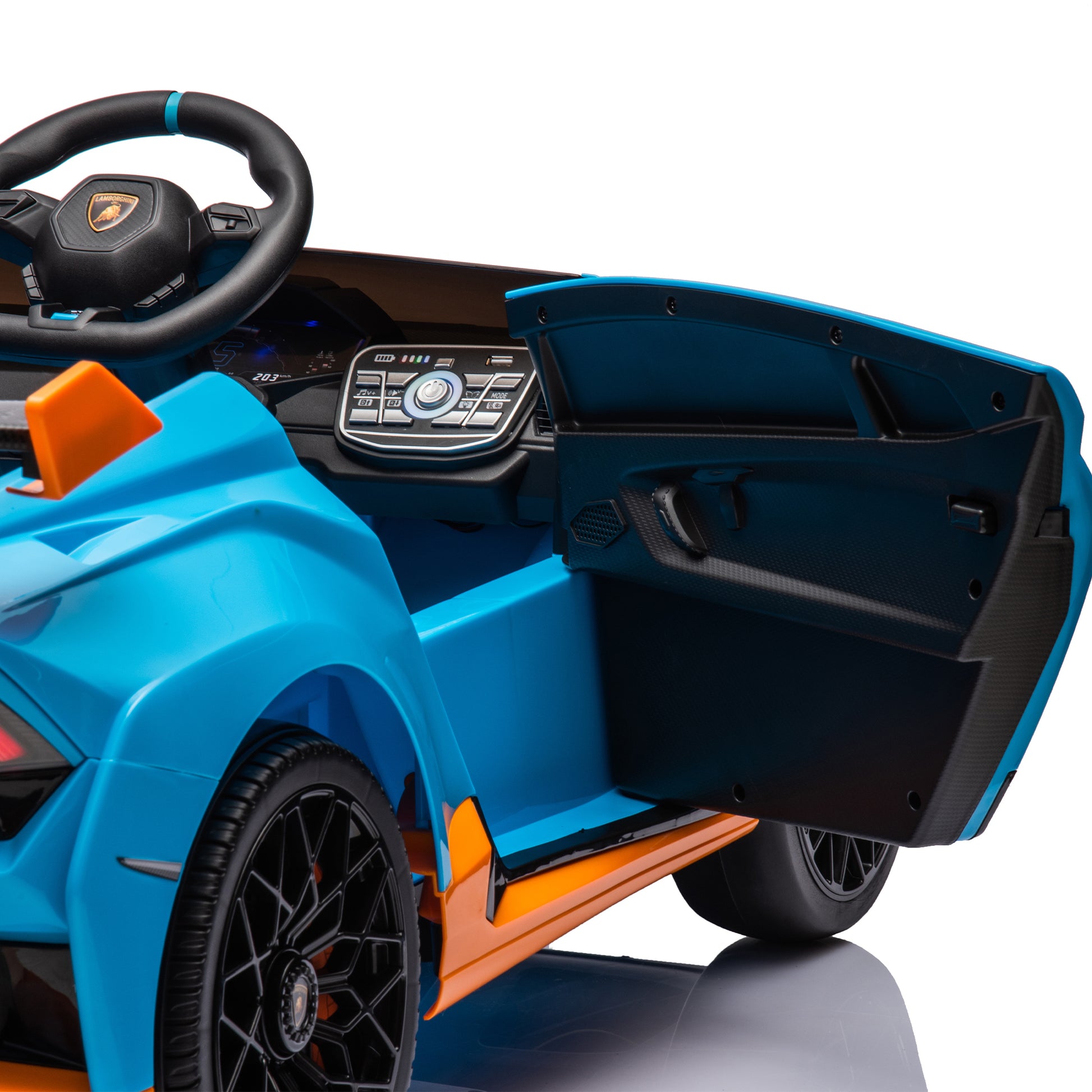 Lamborghini Huracan Sto 24V Kids Electric Ride On Drift Car: Speeds 1.86 5.59 Mph, Ages 3 8, Foam Front Wheels, 360 Spin, Led Lights, Dynamic Music, Early Learning, Usb Port, Drift Feature Blue Polypropylene