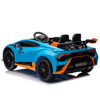 Lamborghini Huracan Sto 24V Kids Electric Ride On Drift Car: Speeds 1.86 5.59 Mph, Ages 3 8, Foam Front Wheels, 360 Spin, Led Lights, Dynamic Music, Early Learning, Usb Port, Drift Feature Blue Polypropylene