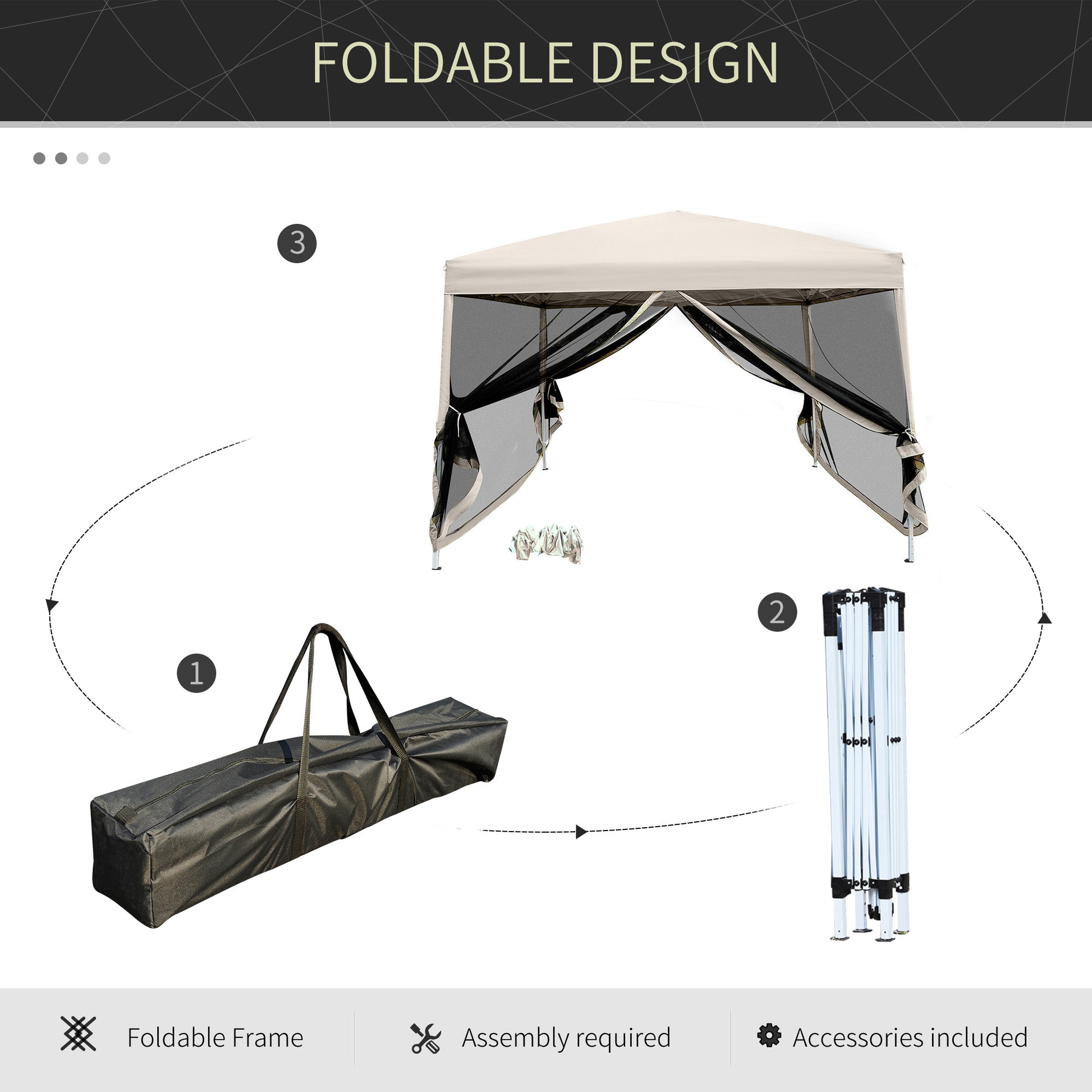 210D Oxford 10' X 10' Pop Up Canopy Tent With Netting, Instant Screen Room House, Tents For Parties, Height Adjustable, With Carry Bag, For Outdoor, Garden, Patio Beige Steel
