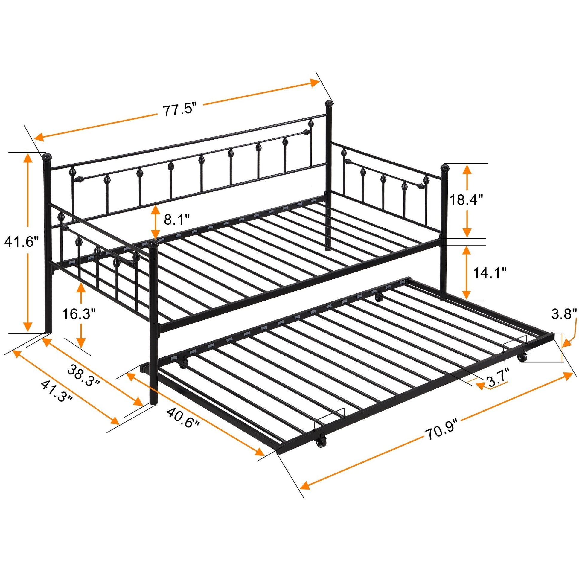 Daybed With Trundle Black Black Metal