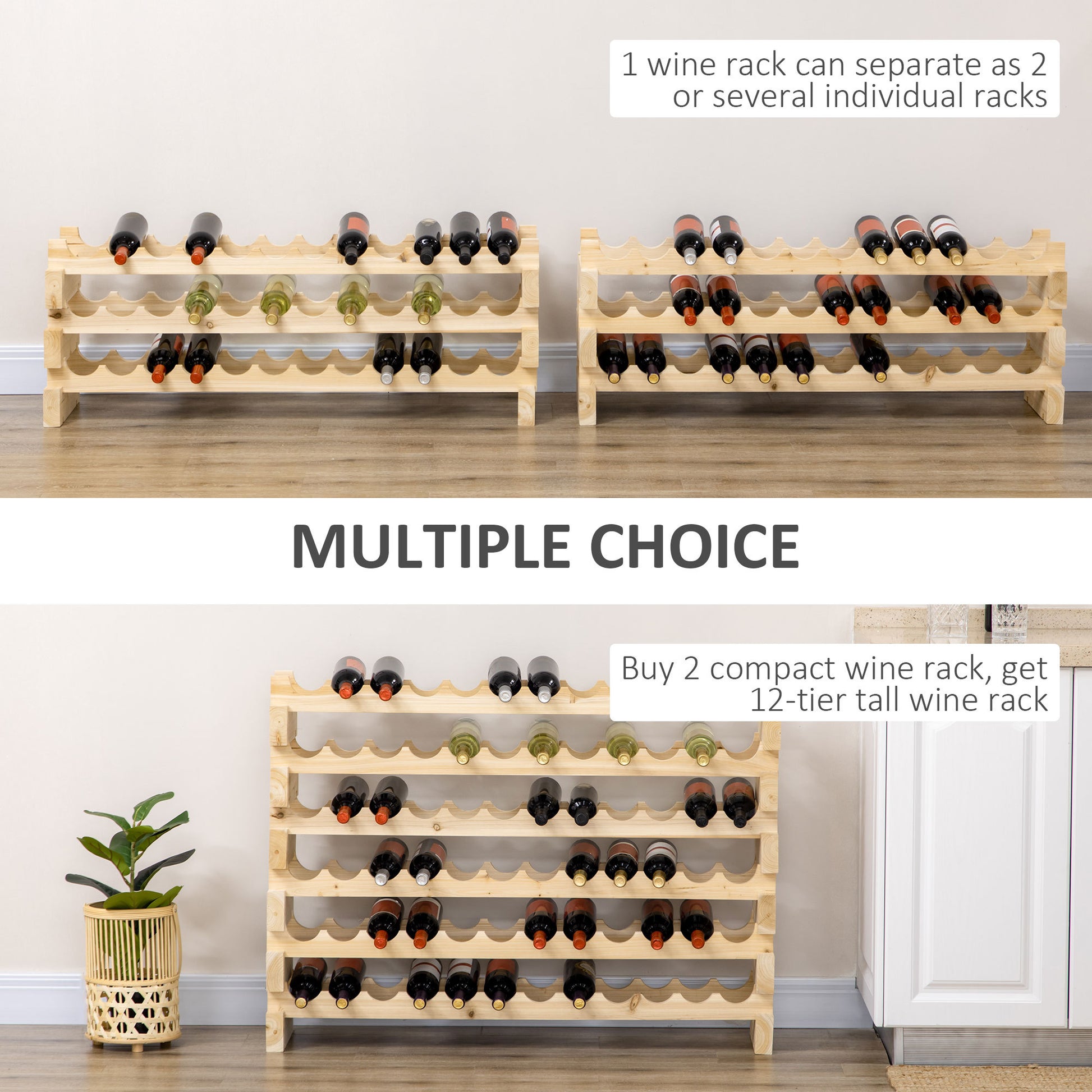 Stackable Wine Rack, Modular Storage Shelves, 72 Bottle Holder, Freestanding Display Rack For Kitchen, Pantry, Cellar, Natural Natural Wood Wood